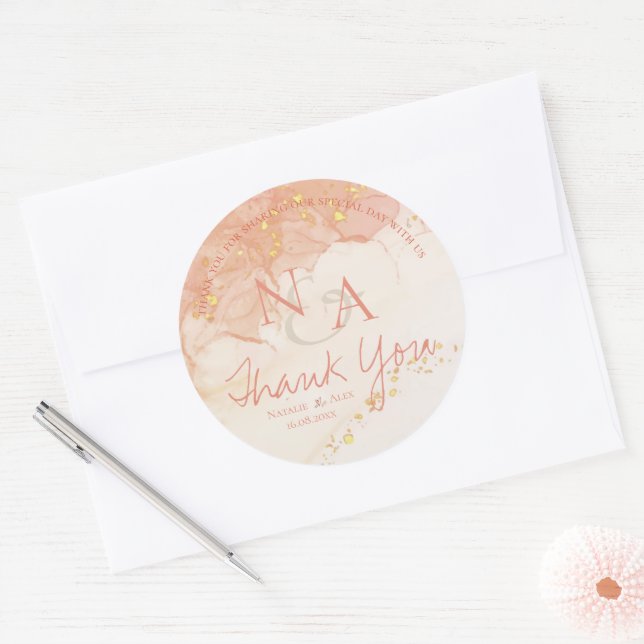Peach Gold Marmor Niedlich Monogram Wedding Vielen Runder Aufkleber (Umschlag)