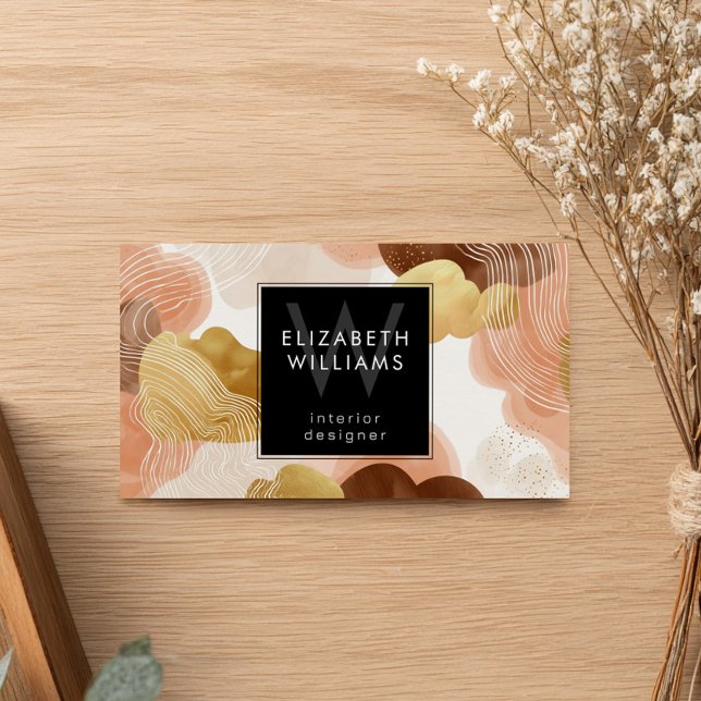 Peach Gold Modern Abstract Monogram Business Cards (Créateur téléchargé)