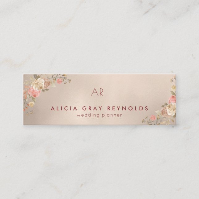 Peach Gold Monogram Elegant Floral Wedding Planner Mini Visitenkarte (Vorderseite)