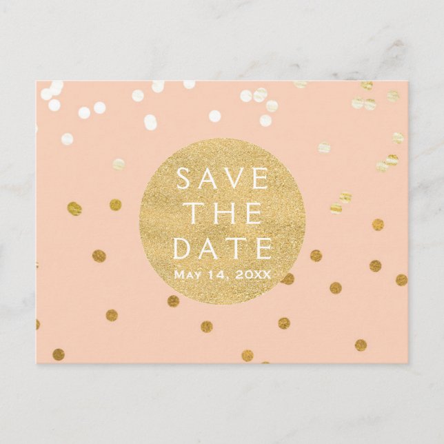 Peach & Gold Shiny Confetti Dots Save the Date Ankündigungspostkarte (Vorderseite)