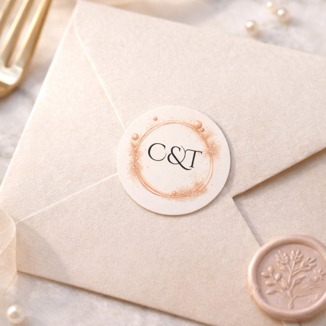 Peach Gold Sparkle Script Monogram Wedding Runder Aufkleber (Von Creator hochgeladen)