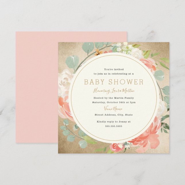Peach Gold Sparkle Wreath Floral Baby Dusche Einladung (Vorne/Hinten)