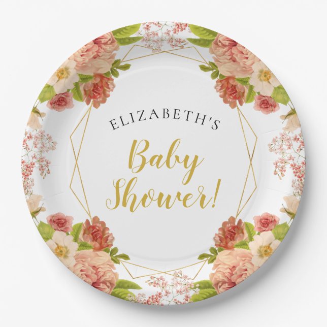 Peach Gold Watercolor Blume Kinderdusche Pappteller (Vorderseite)