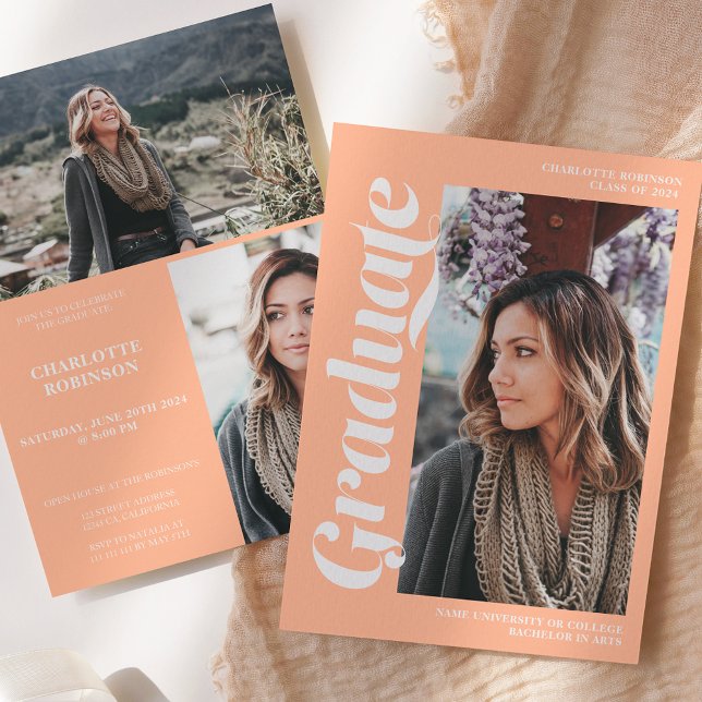 Peach graduate Script 3 Foto Abschluss Einladung (Peach graduate script 3 photo graduation invitation)
