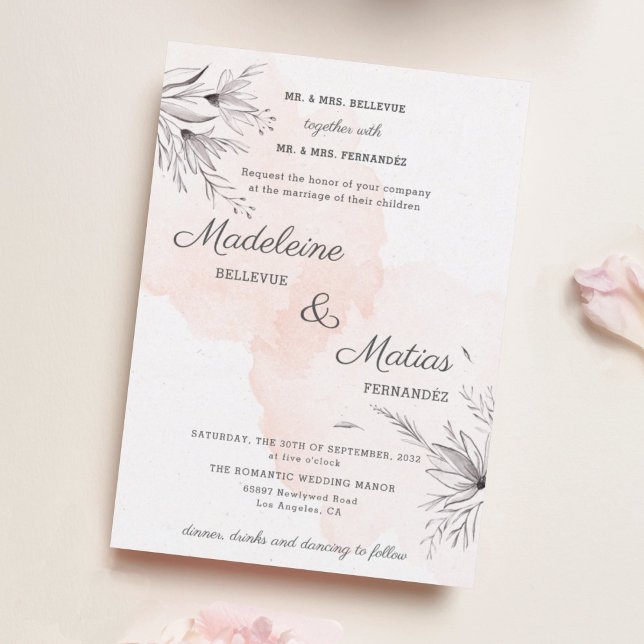 Peach & gray florale romantische Hochzeit Einladung (Von Creator hochgeladen)