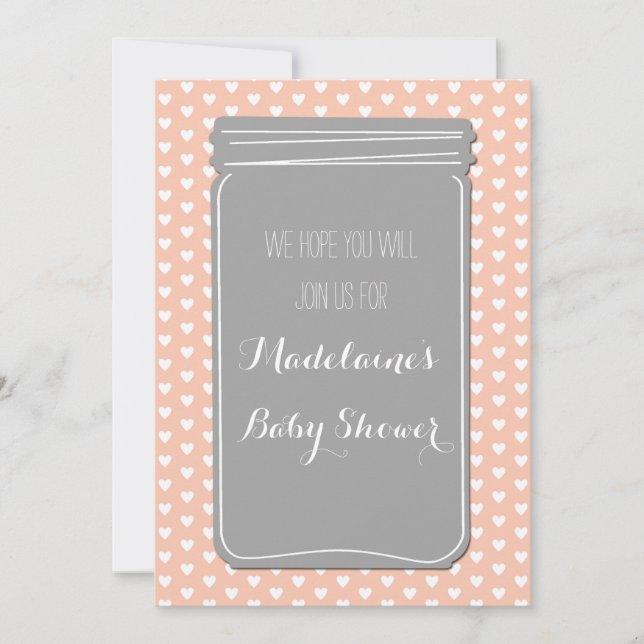Peach Gray Hearts Mason Jar Baby Dusche Einladung (Vorderseite)