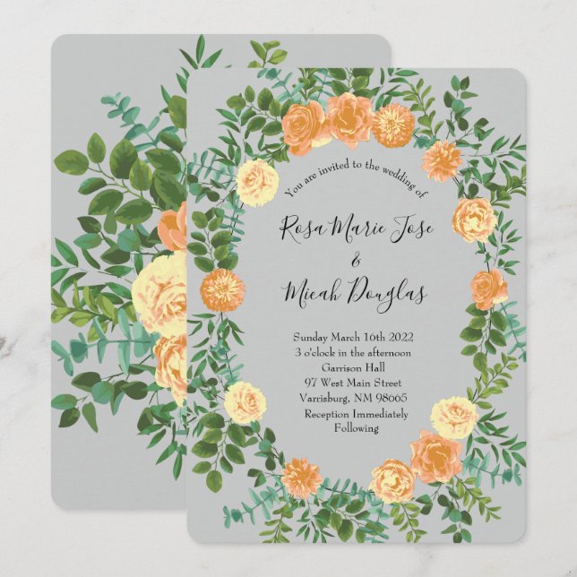 Peach & Gray Peony & Rose Blumenhochzeit Einladung (Vorne/Hinten)