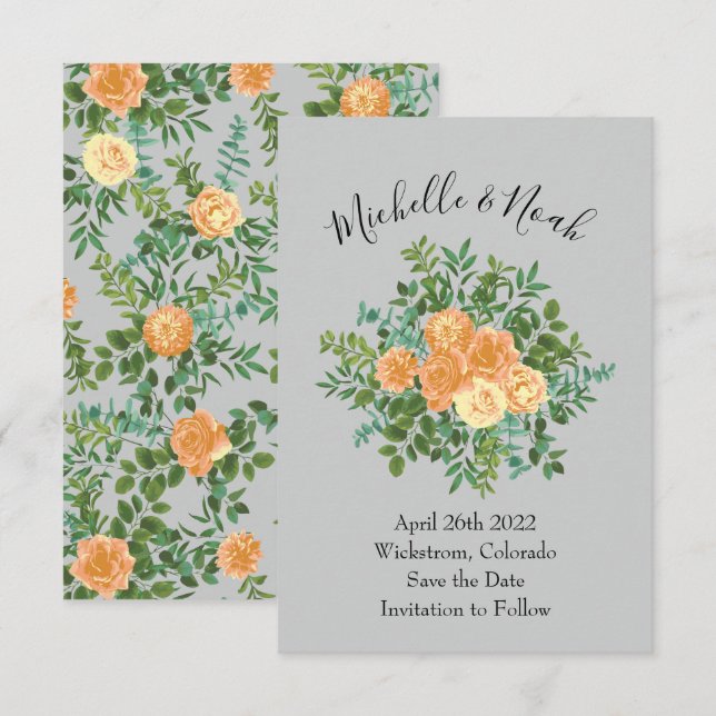 Peach Gray Wedding Spring Floral Einladung (Vorne/Hinten)