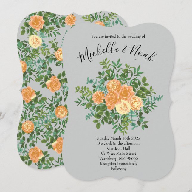 Peach Gray Wedding Spring Floral Einladung (Vorne/Hinten)