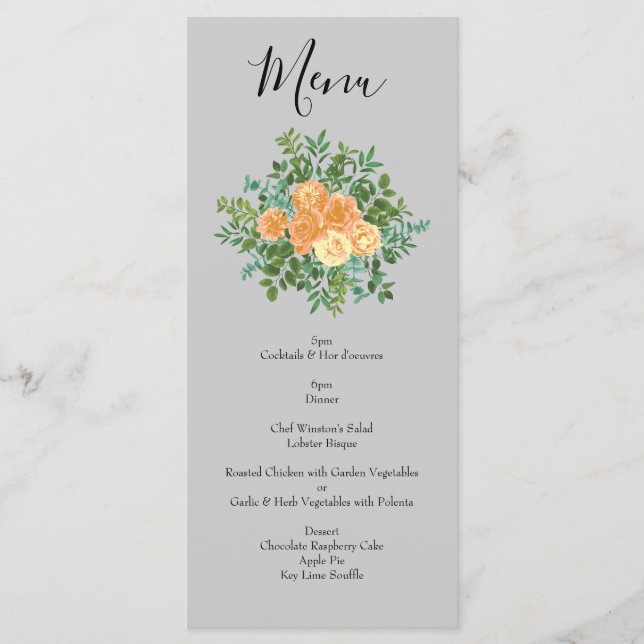 Peach Gray Wedding Spring Floral Menükarte (Vorderseite)