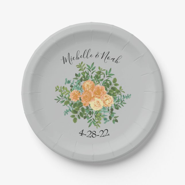 Peach Gray Wedding Spring Floral Pappteller (Vorderseite)