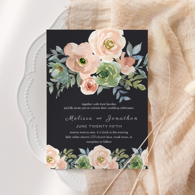 Peach Green Navy Pastel Floral Wedding Einladung (Von Creator hochgeladen)