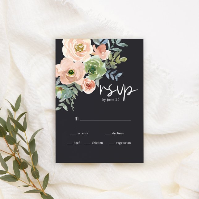 Peach Green Navy Pastel Floral Wedding RSVP Card Karte (Von Creator hochgeladen)