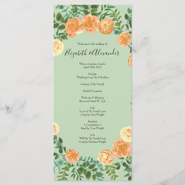 Peach Green Wedding Spring Pastel Floral Menükarte (Vorderseite)