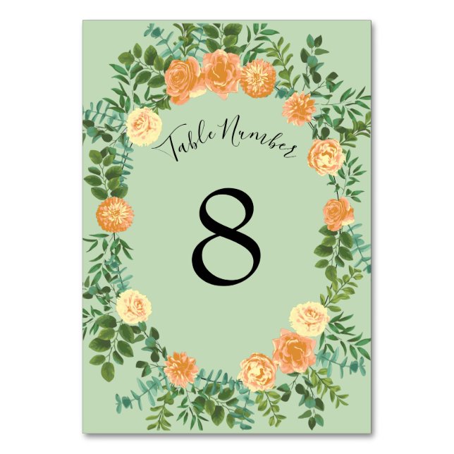 Peach Green Wedding Spring Pastel Floral Tischnummer (Rückseite)