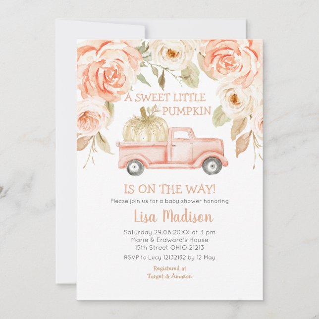 Peach Greenery Truck Baby Shower Girl Einladung (Vorderseite)