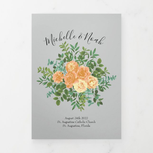 Peach & Grey Peony & Rose Floral Wedding Programme (Page de couverture)