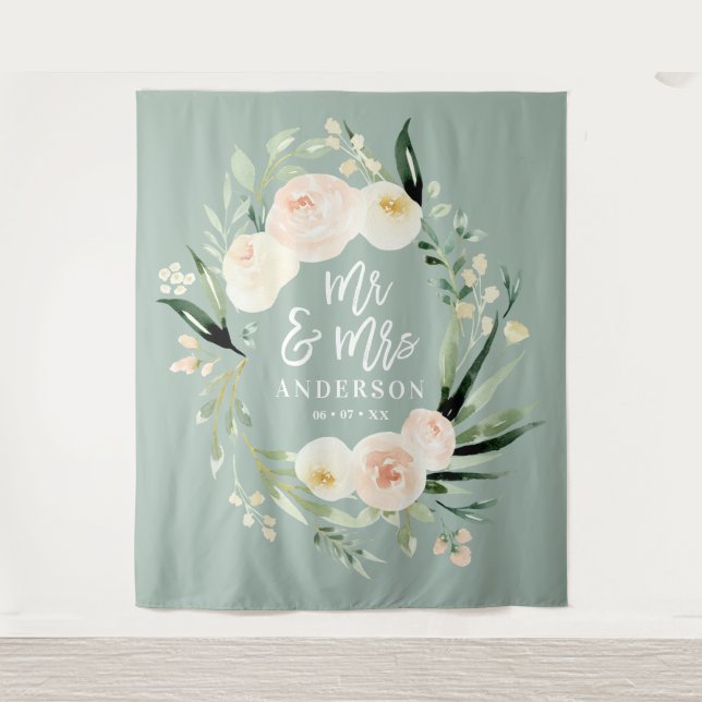 Peach + grün Mr. & Mrs. Aquarell Blumenhochzeit Wandteppich (Vorderseite)