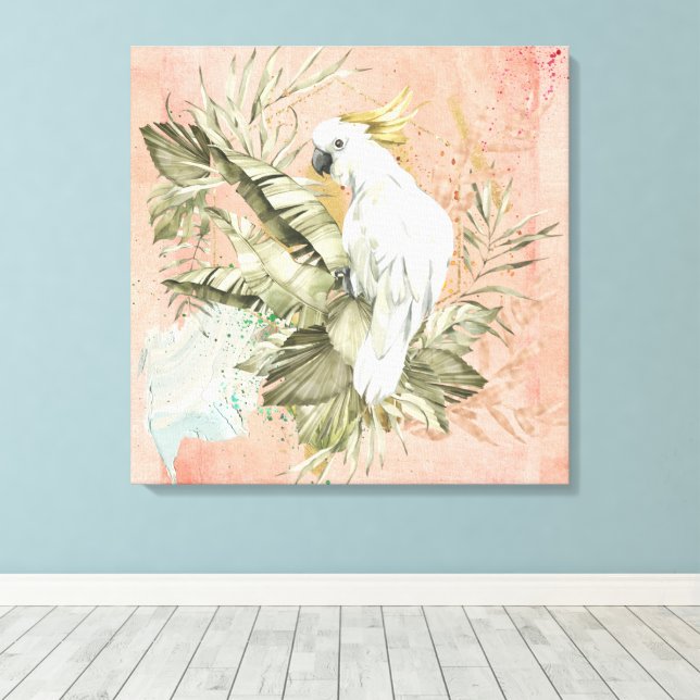 Peach Grunge Boho Floral Bird Leinwanddruck (Insitu (Holzboden))