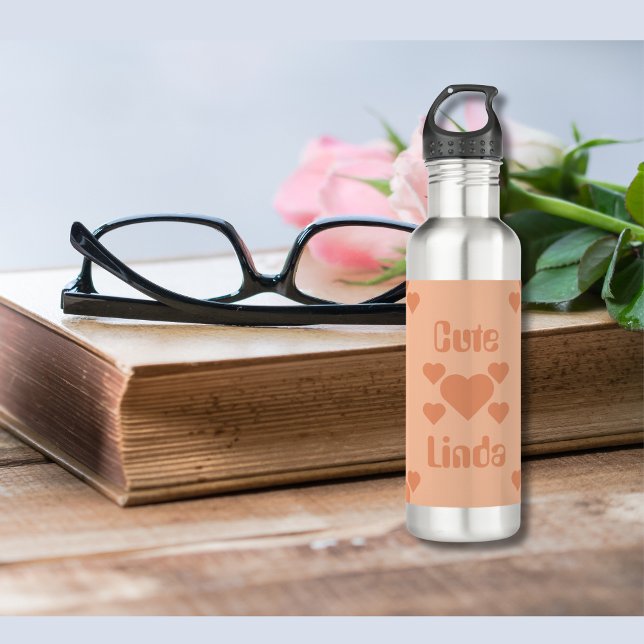 Peach Hearts Bilingual "Niedlich" "Linda Edelstahlflasche (Bilingual peach stalinless steal water bottle, custom text, Spannsh. Multilingual project)