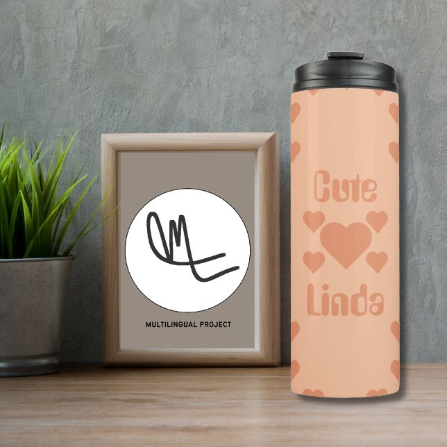 Peach Hearts Bilingual "Niedlich" "Linda Thermosbecher (Peach Hearst Thermal Tumbler. Bilingual Text: "cute" Linda" English Spanish. Multilingual Project)