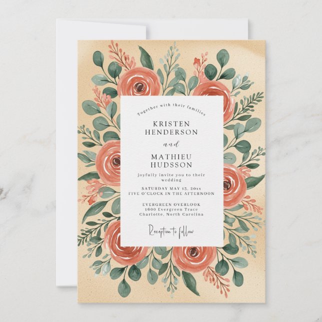 Peach Illustrative Rustic Wedding Einladung (Vorderseite)