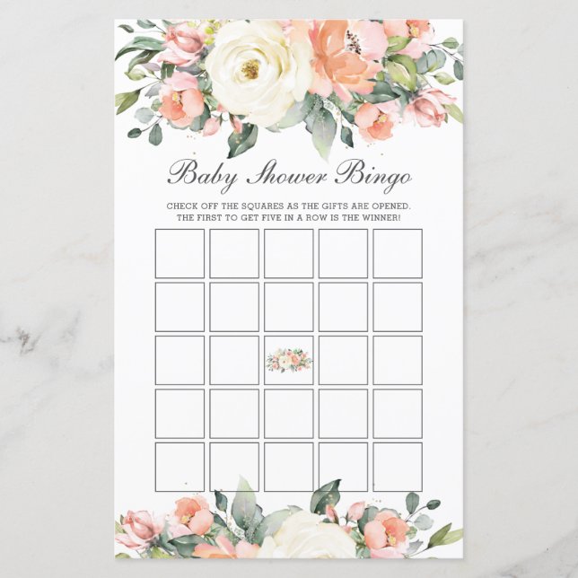 Peach Ivory Floral Baby Dusche Bingo Party Game (Vorderseite)