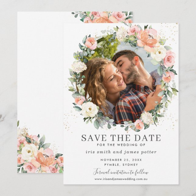 Peach Ivory Pink Floral Foto Save the Date Karte (Vorne/Hinten)