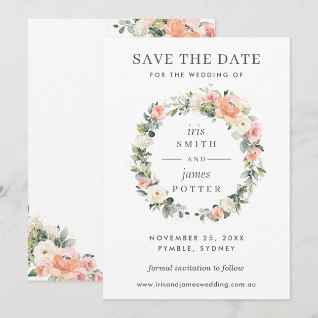 Peach Ivory Pink Floral Wedding Save the Date Card Einladung (Vorne/Hinten)