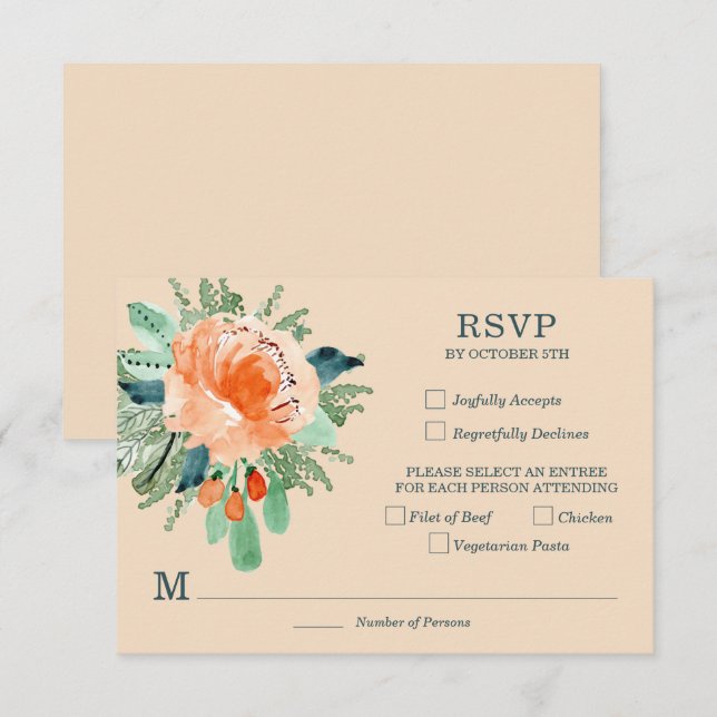 Peach Jade Aquamarin Floral Wedding RSVP Karte (Vorne/Hinten)