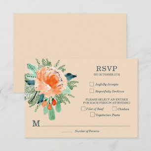 Peach Jade Aquamarin Floral Wedding RSVP Karte