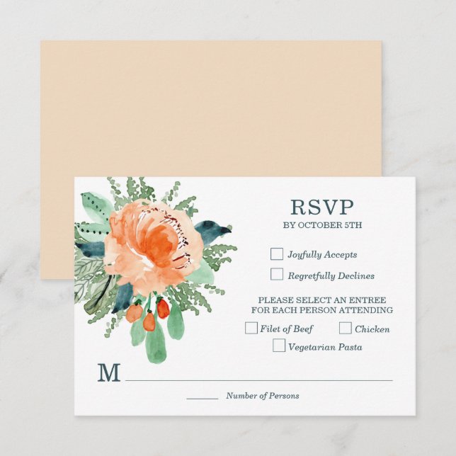 Peach Jade Turquoise Floral Wedding Cartes RSVP (Devant / Derrière)