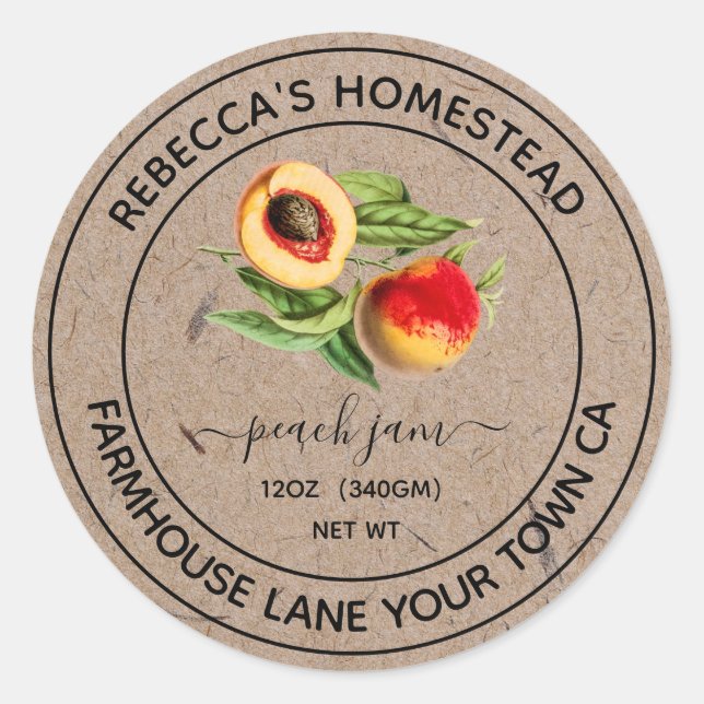 Peach Jam Kraft Paper Canning Jar Labels Runder Aufkleber (Vorderseite)