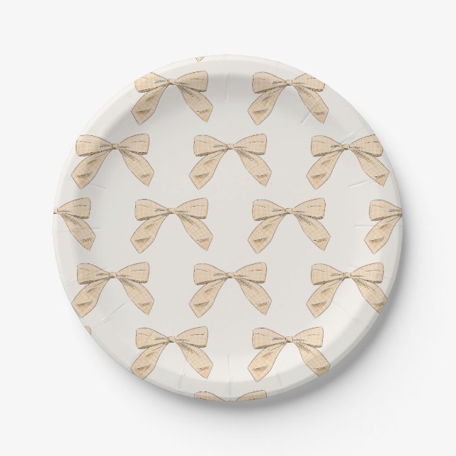 Peach Kariert Bow Elegante Gender Neutral Baby Dus Pappteller (Vorderseite)