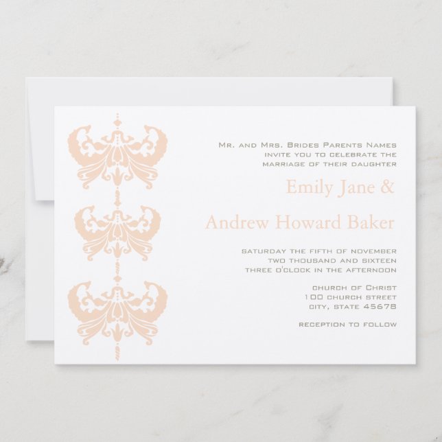 Peach Koral und Pilz Damask Hochzeit Einladung (Vorderseite)