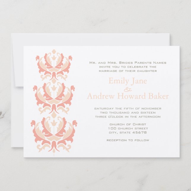 Peach Koral und Pilz Damask Hochzeit Einladung (Vorderseite)