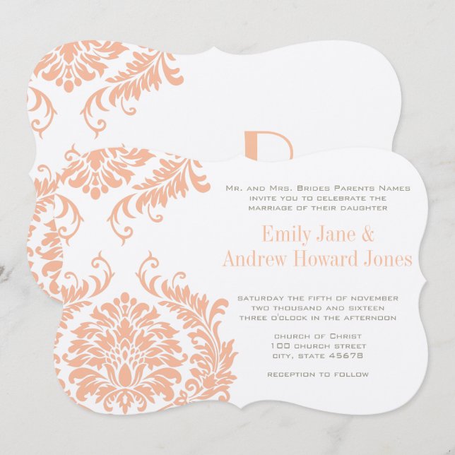 Peach Koral und Pilz Damask Hochzeit Einladung (Vorne/Hinten)
