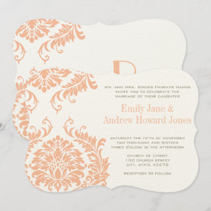 Peach Koral und Pilz Damask Hochzeit Einladung