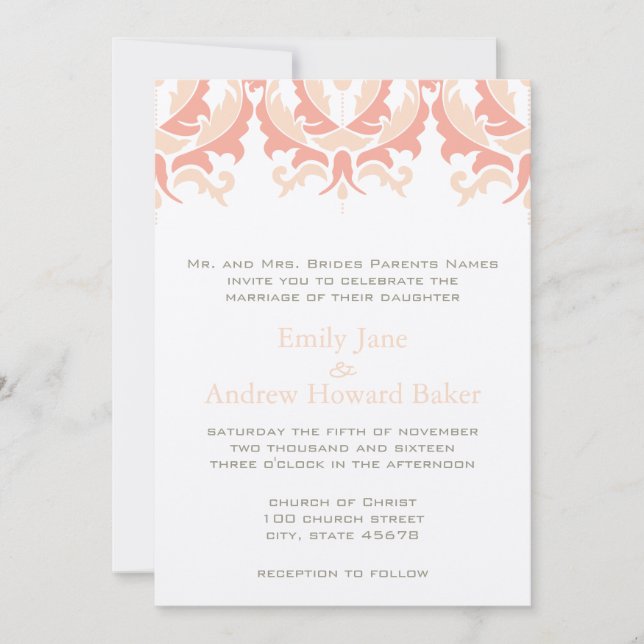 Peach Koral und Pilz Damask Hochzeit Einladung (Vorderseite)