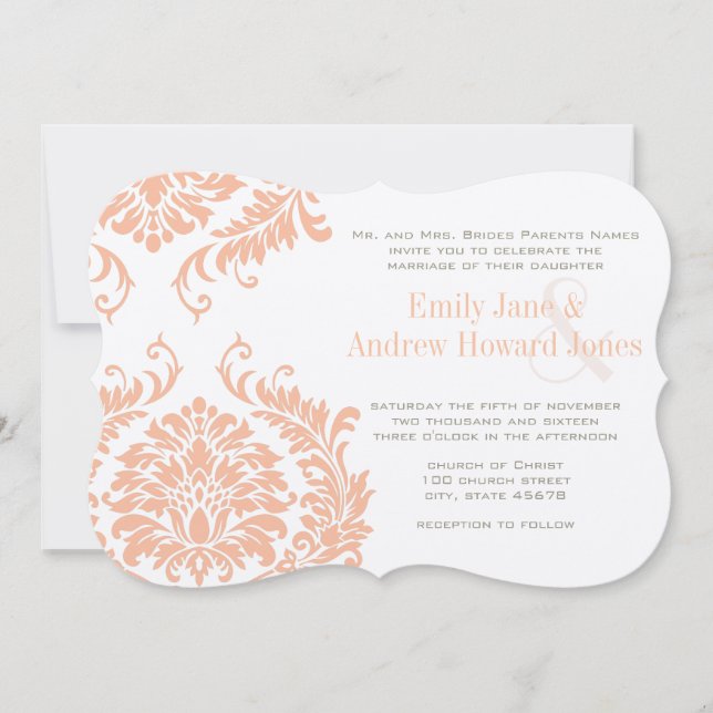 Peach Koral und Pilz Damask Hochzeit Einladung (Vorderseite)