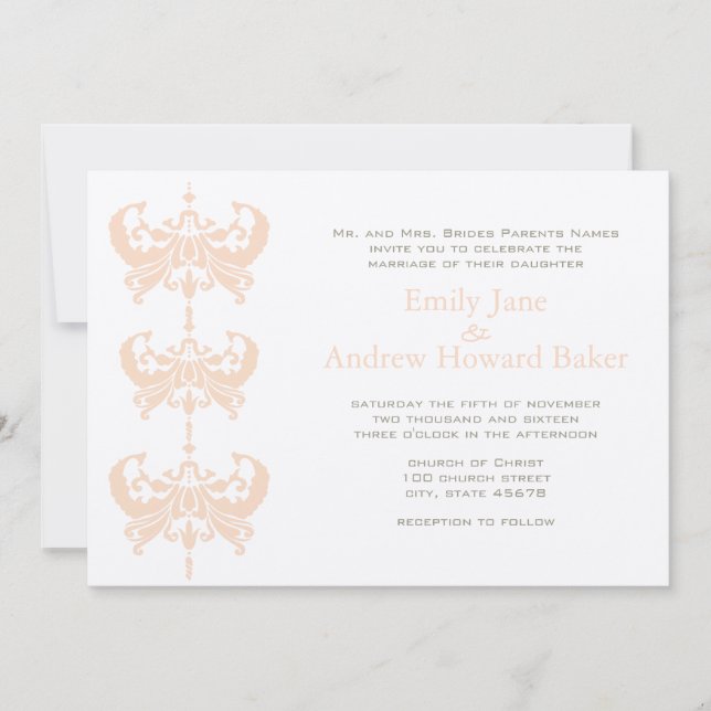 Peach Koral und Pilz Damask Hochzeit Einladung (Vorderseite)