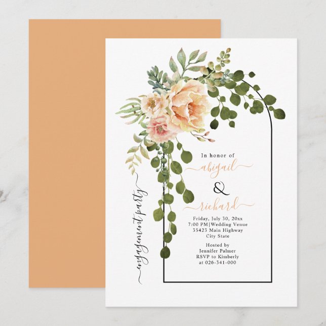 Peach Korallen Blume Bogen Hochzeitsfeier Einladung (Vorne/Hinten)