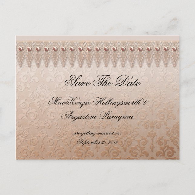 Peach Lace und Damask Save the Date Ankündigungspostkarte (Vorderseite)
