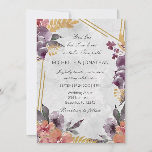 Peach Lavender Floral Gold Rahmen Christliche Hoch Einladung (Vorderseite)