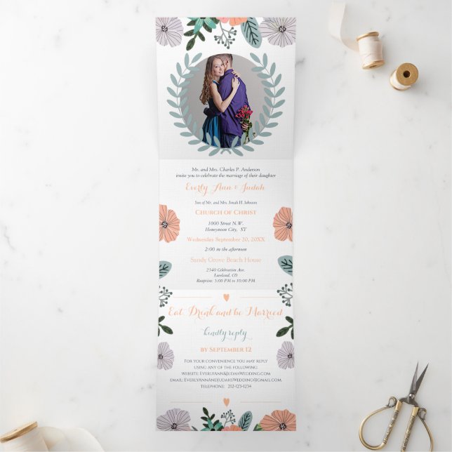 Peach Lavender Liebe Mint Grüne Blumenhochzeit Dreifach Gefaltete Einladung (Innenseite)