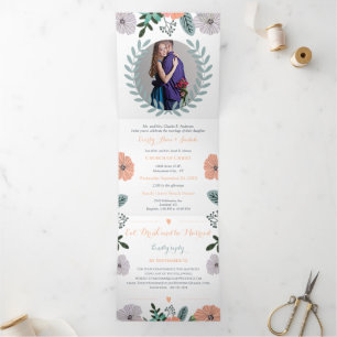 Peach Lavender Liebe Mint Grüne Blumenhochzeit Dreifach Gefaltete Einladung