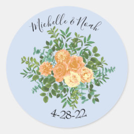 Peach & Light Blue Peony & Rose Blumenhochzeit Runder Aufkleber