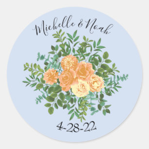 Peach & Light Blue Peony & Rose Blumenhochzeit Runder Aufkleber