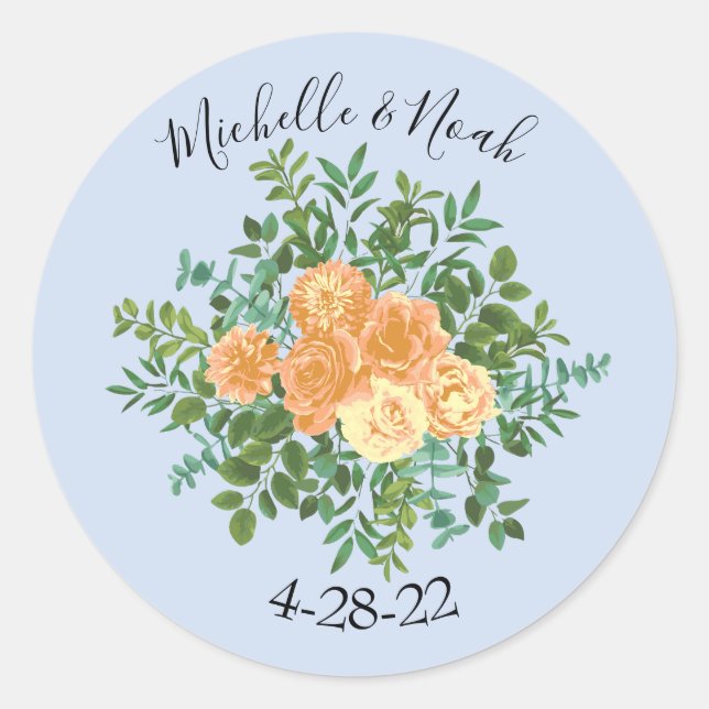 Peach & Light Blue Peony & Rose Blumenhochzeit Runder Aufkleber (Vorderseite)