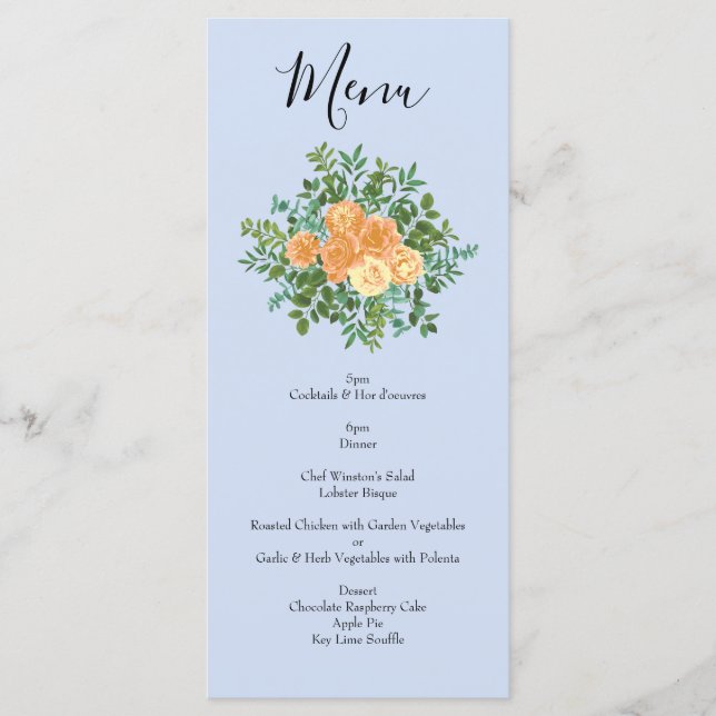 Peach Light Blue Peony & Rose Floral Mariage Menu (Devant)